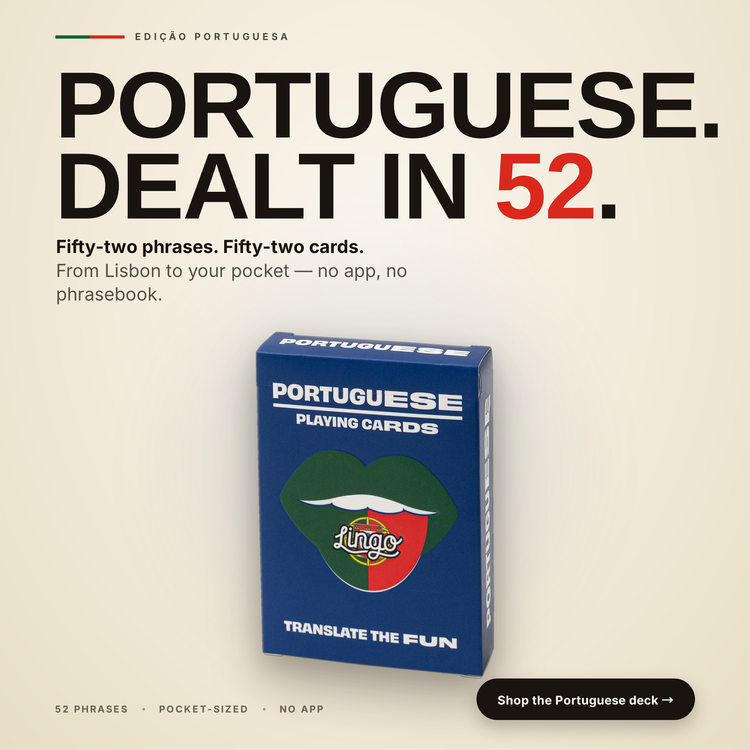 Portuguese Lingo Playing Cards – box with a headline introducing the deck