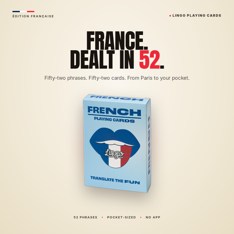 French Lingo Playing Cards – box with a headline introducing the deck