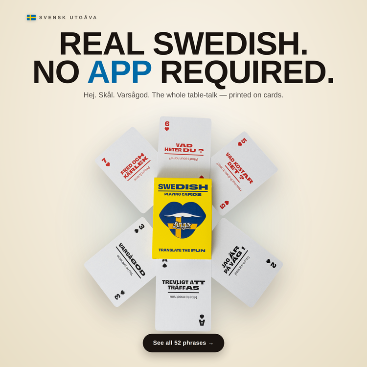 Swedish Travel Tin – cards fanned around the box, each showing a Swedish phrase with its English translation