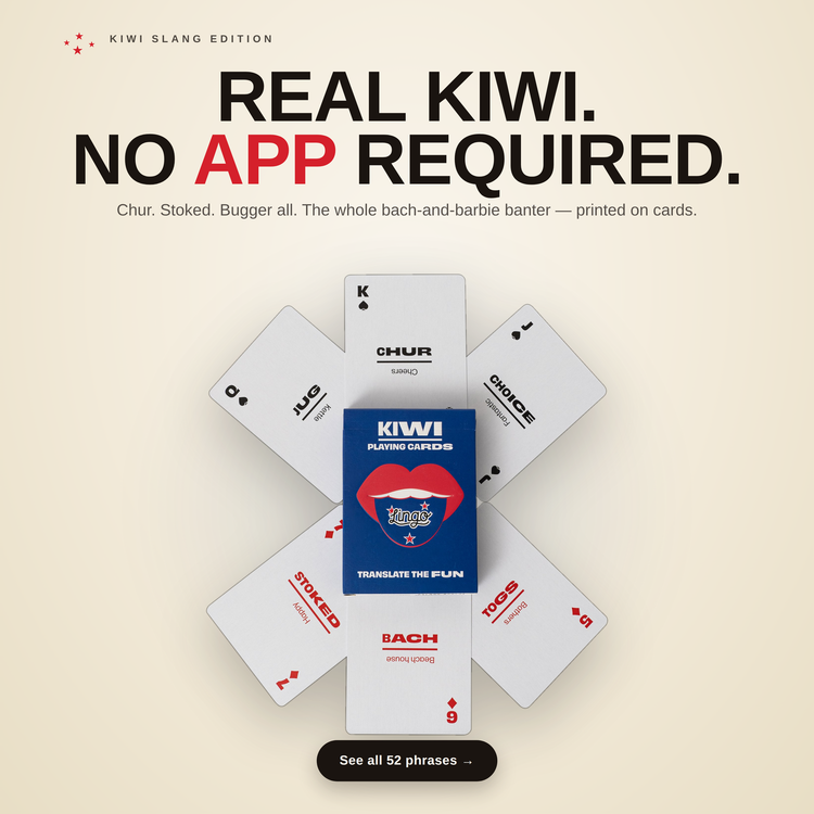 Kiwi Lingo Playing Cards – cards fanned around the box, each showing a Kiwi slang phrase