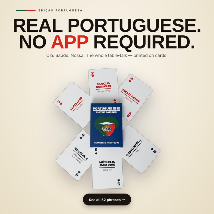 Portuguese Lingo Playing Cards – cards fanned around the box, each showing a Portuguese phrase with its English translation