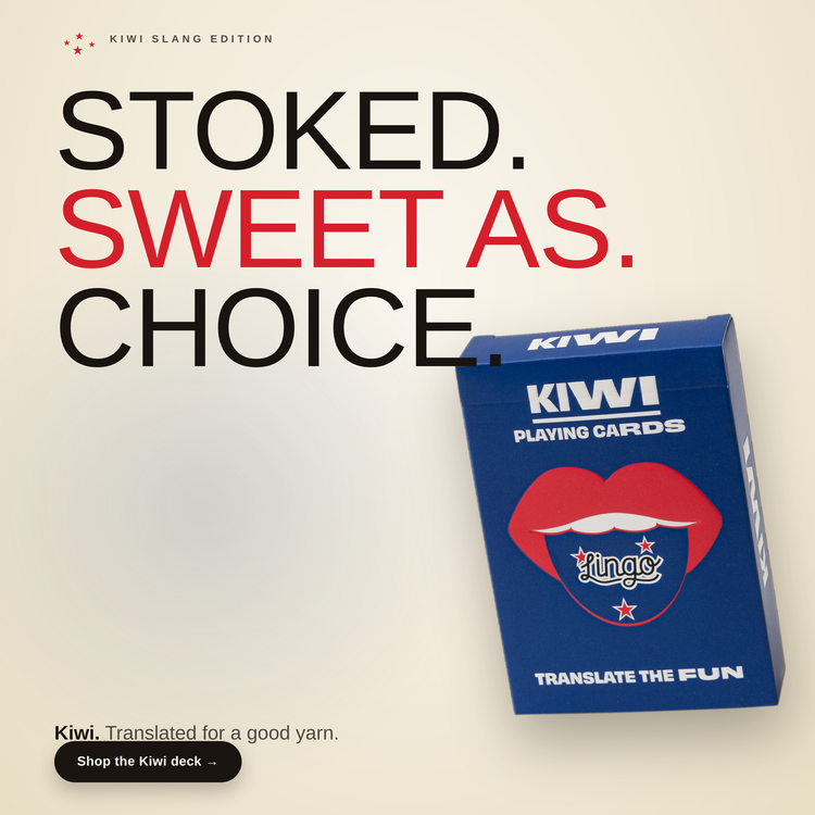 Kiwi Lingo Playing Cards – box beside bold headline text