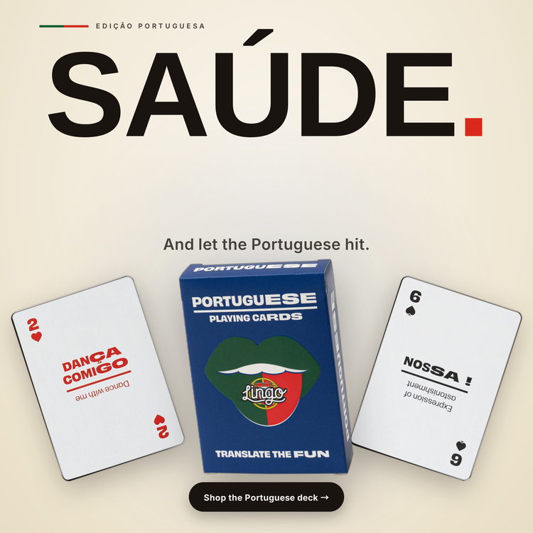 Portuguese Lingo Playing Cards – box with two example cards