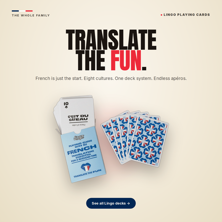 French Lingo Playing Cards – box with a fanned hand of cards