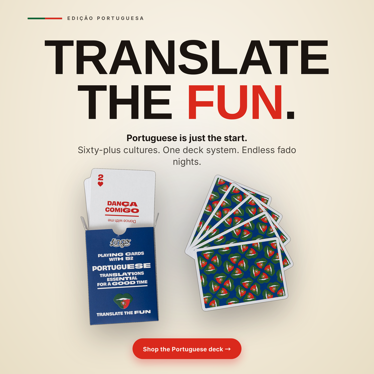 Portuguese Lingo Playing Cards – box with a fanned hand of cards