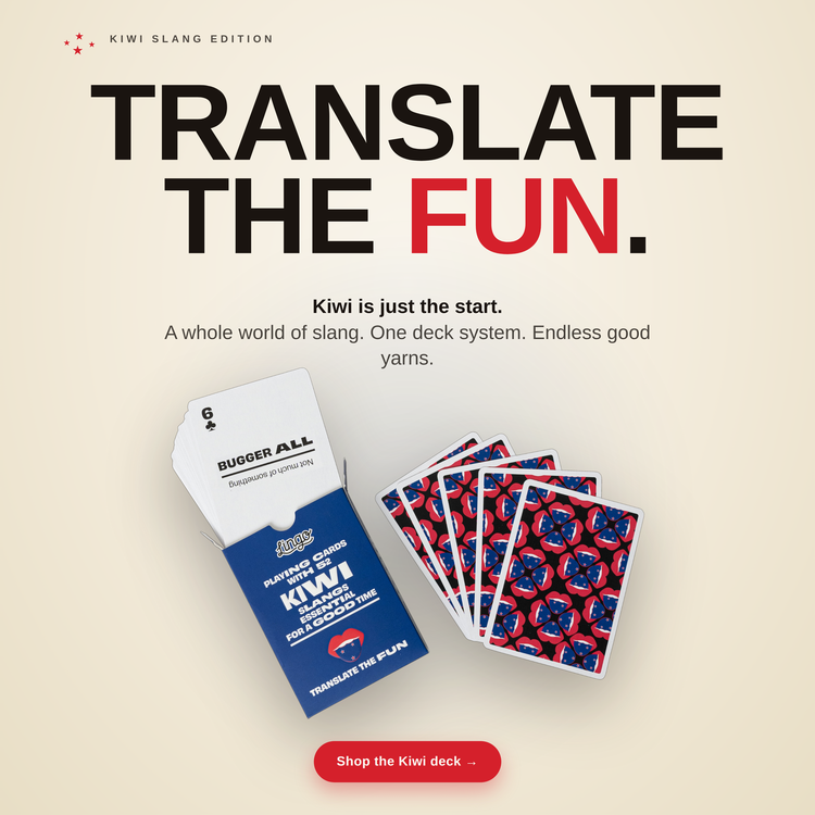 Kiwi Lingo Playing Cards – box with a fanned hand of cards