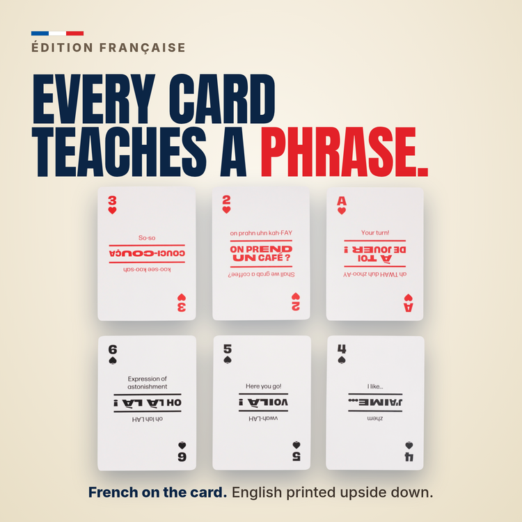 Lingo French playing cards - Every card teaches a phrase.