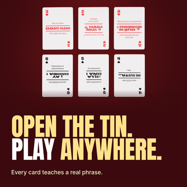 Lingo Spanish Travel Tin playing cards - Open the tin. Play anywhere.