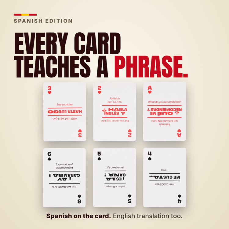 Lingo Spanish Travel Tin playing cards - Every card teaches a phrase.