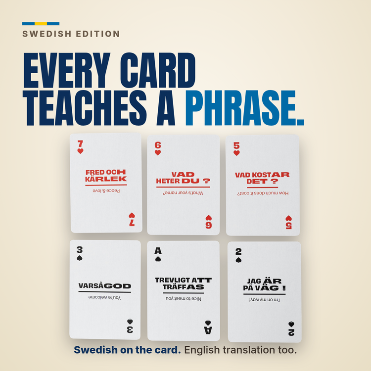Lingo Swedish playing cards - Every card teaches a phrase.