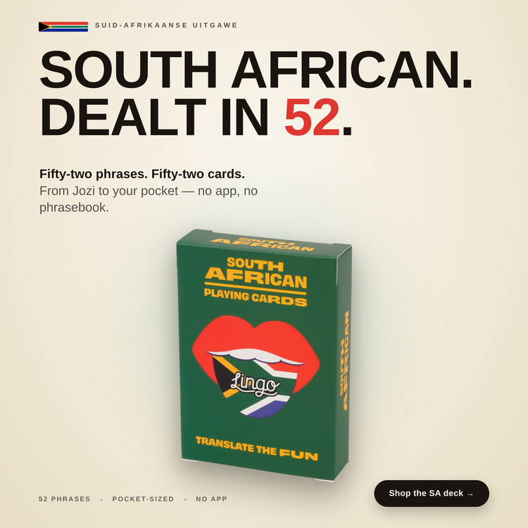South African Lingo Playing Cards – box with a headline introducing the deck