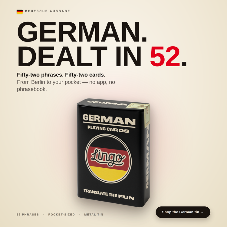 German Travel Tin – box with a headline introducing the deck