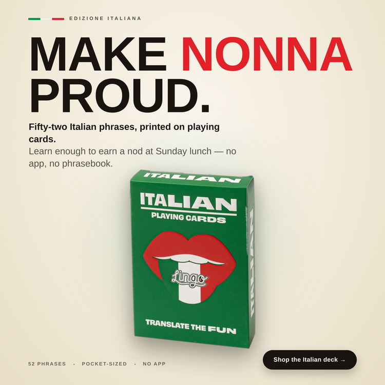Italian Lingo Playing Cards – box with a headline introducing the deck