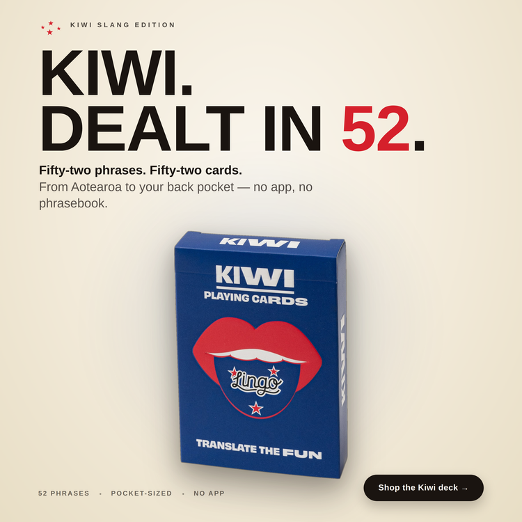 Kiwi Lingo Playing Cards – box with a headline introducing the deck