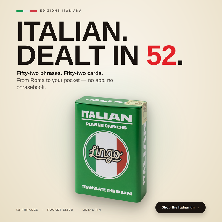 Italian Travel Tin – box with a headline introducing the deck