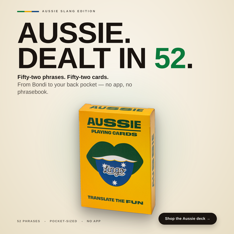 Aussie Lingo Playing Cards – box with a headline introducing the deck