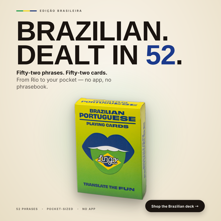 Brazilian Lingo Playing Cards – box with a headline introducing the deck