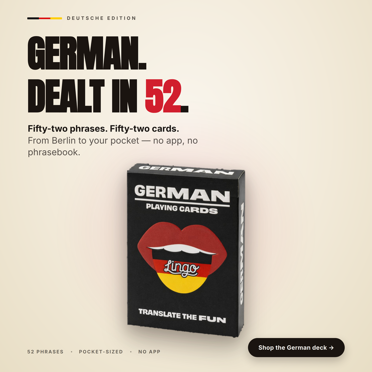 German Lingo Playing Cards – box with a headline introducing the deck