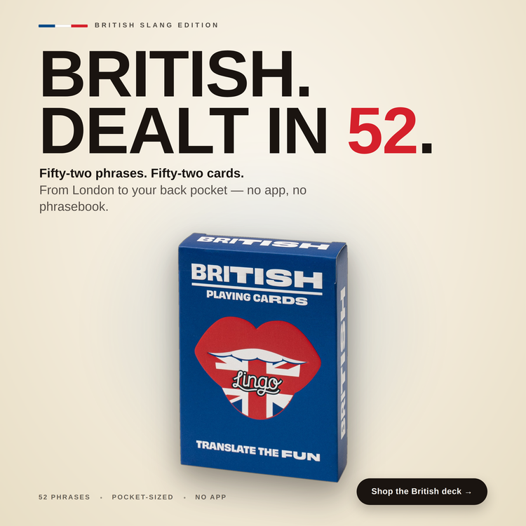 British Lingo Playing Cards – box with a headline introducing the deck