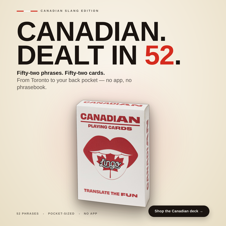 Canadian Lingo Playing Cards – box with a headline introducing the deck