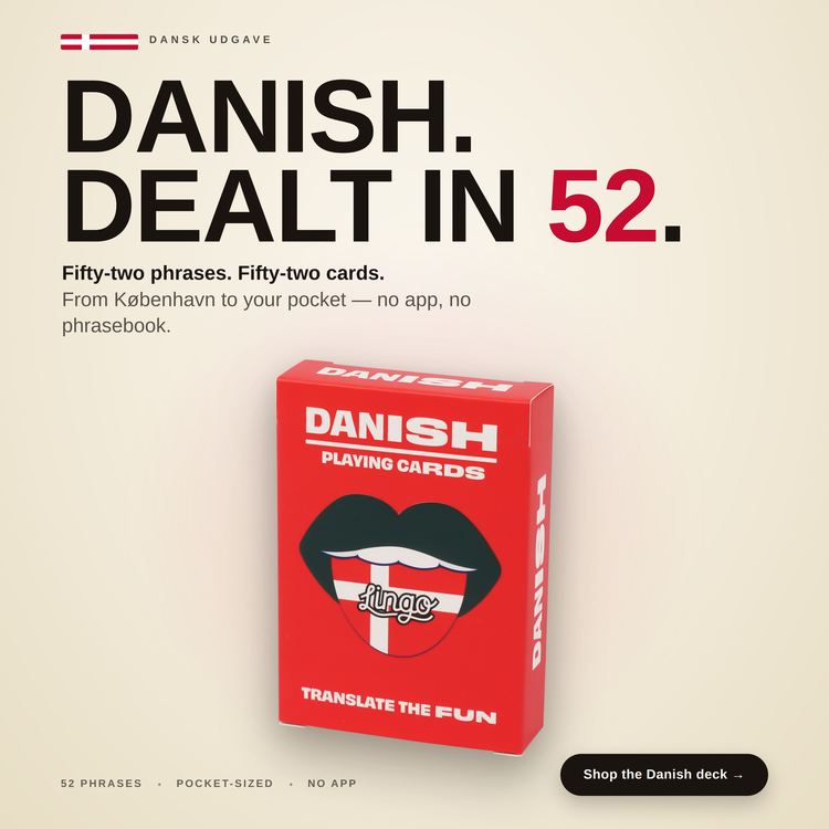 Danish Lingo Playing Cards – box with a headline introducing the deck