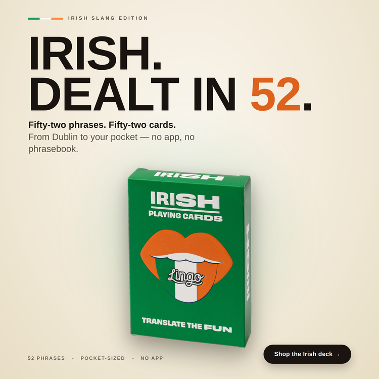 Irish Lingo Playing Cards – box with a headline introducing the deck