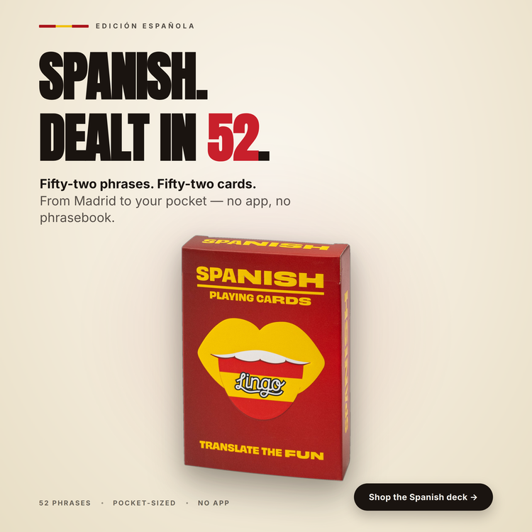 Spanish Lingo Playing Cards – box with a headline introducing the deck