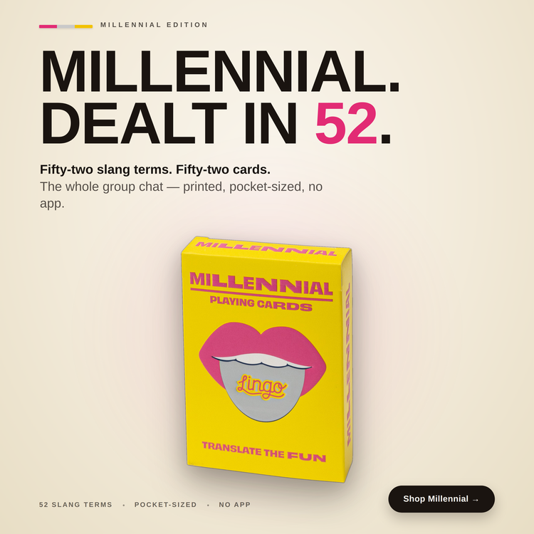 Millennial Lingo Playing Cards – box with a headline introducing the deck