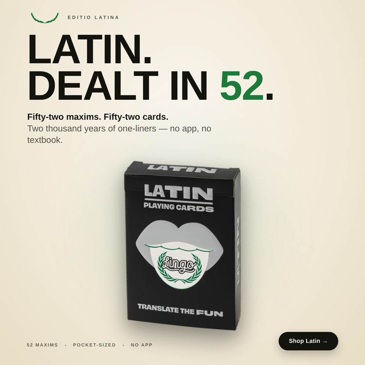 Latin Lingo Playing Cards – box with a headline introducing the deck