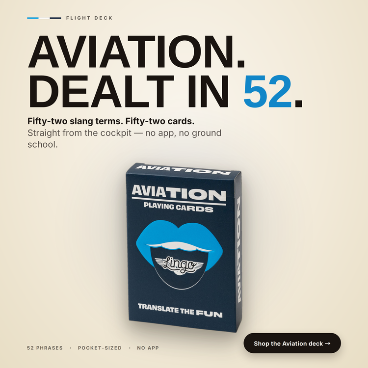 Aviation Lingo Playing Cards – box with a headline introducing the deck