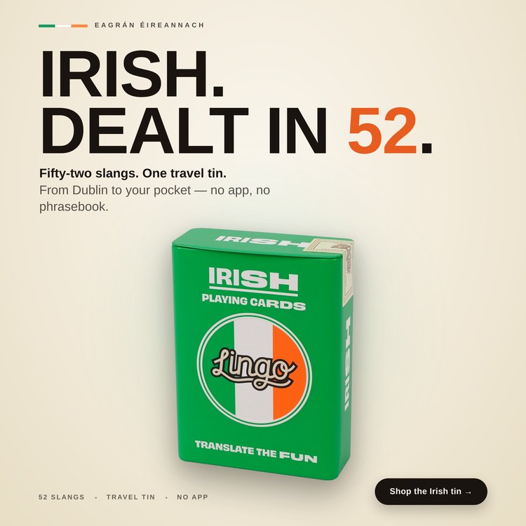 Irish Travel Tin – box with a headline introducing the deck