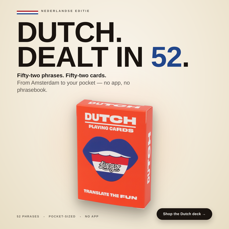 Dutch Lingo Playing Cards – box with a headline introducing the deck