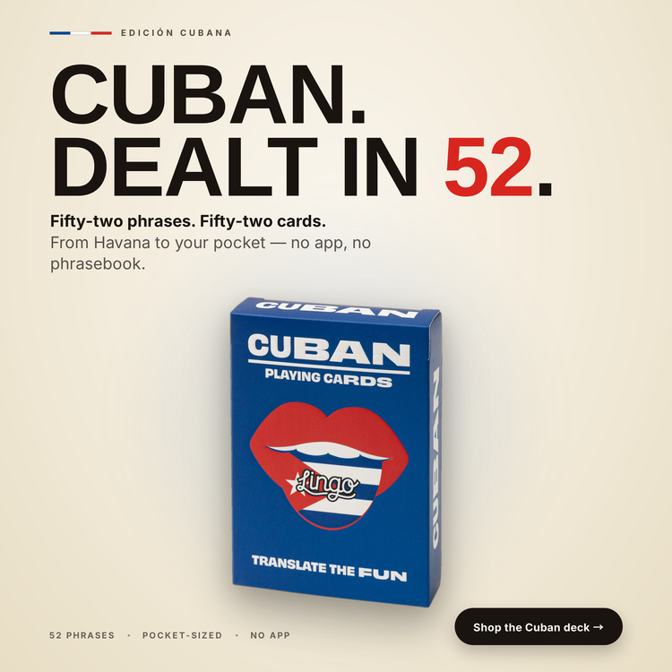 Cuban Lingo Playing Cards – box with a headline introducing the deck