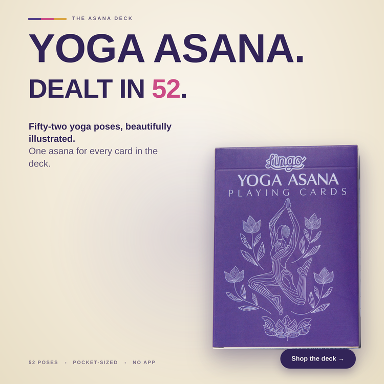 Yoga Playing Cards – box with a headline introducing the deck