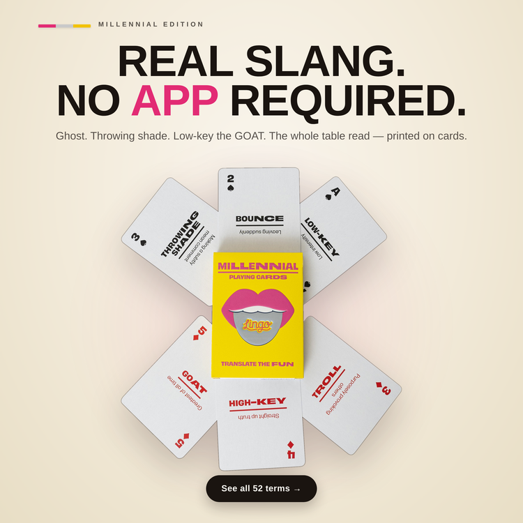 Millennial Lingo Playing Cards – cards fanned around the box, each showing a Millennial slang term