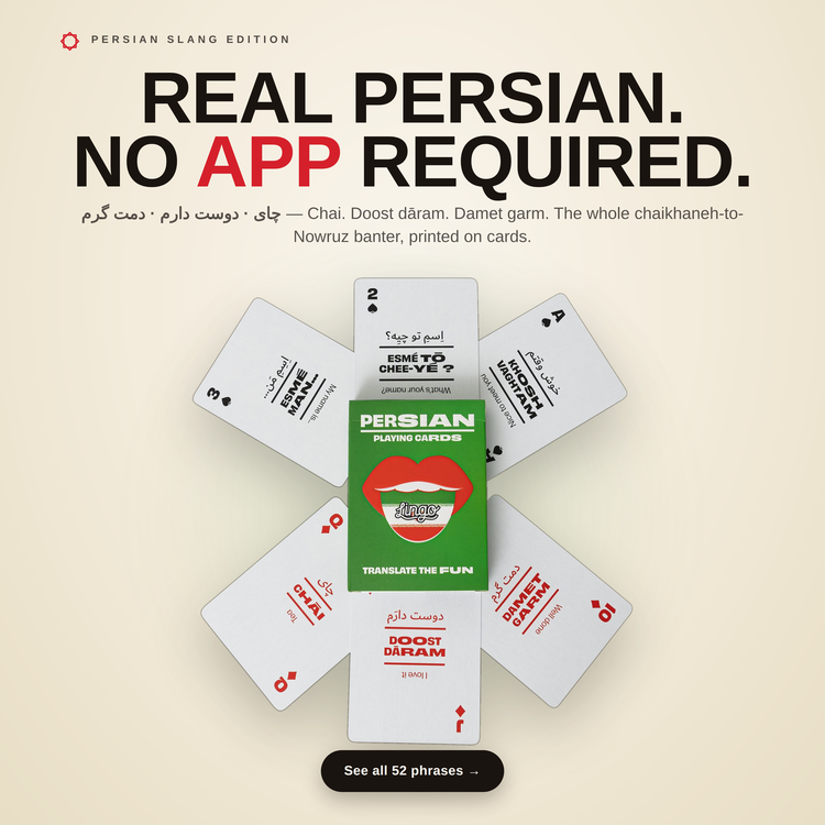 Persian Lingo Playing Cards – cards fanned around the box, each showing a Persian phrase with its English translation