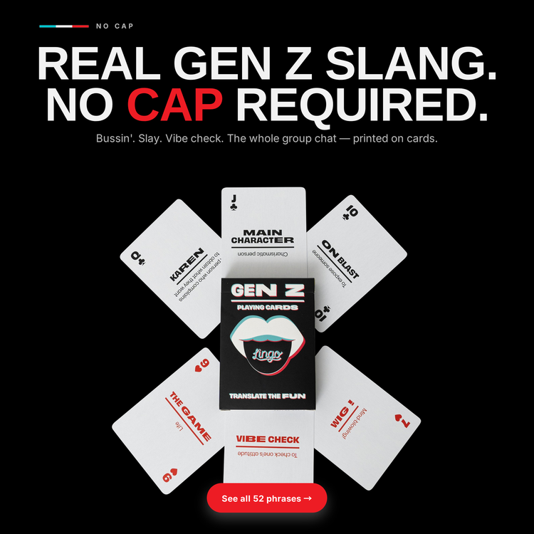 Gen Z Lingo Playing Cards – cards fanned around the box, each showing a Gen Z slang term