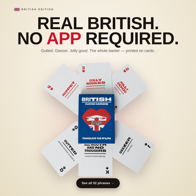 British Travel Tin – cards fanned around the box, each showing a British slang phrase