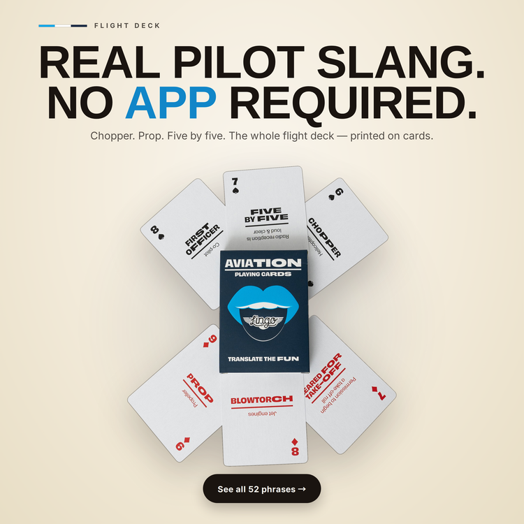 Aviation Lingo Playing Cards – cards fanned around the box, each showing an aviation term