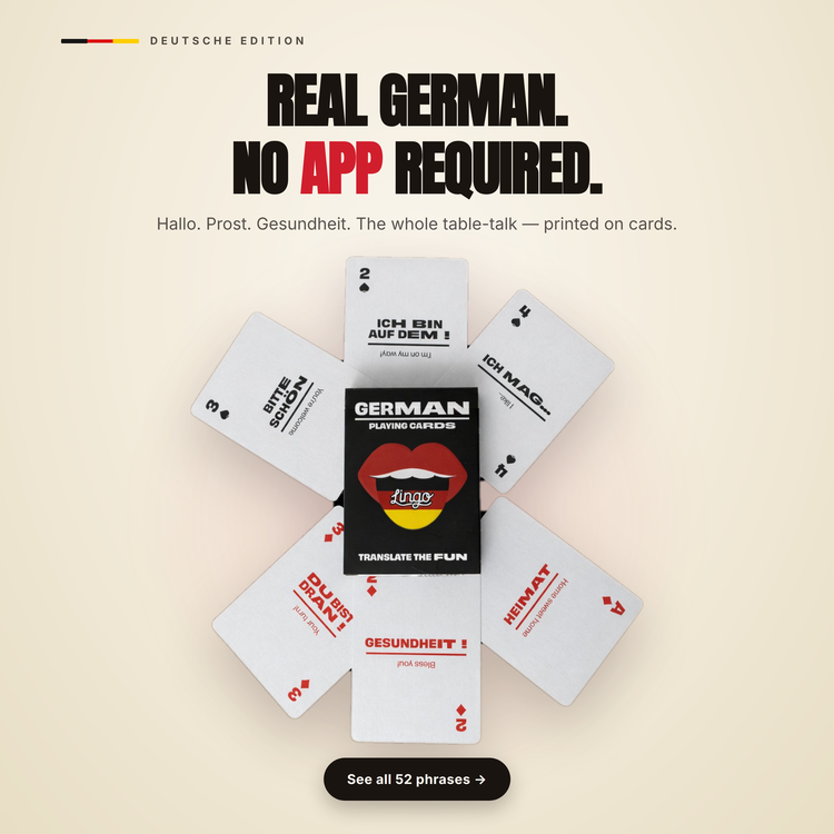 German Lingo Playing Cards – cards fanned around the box, each showing a German phrase with its English translation