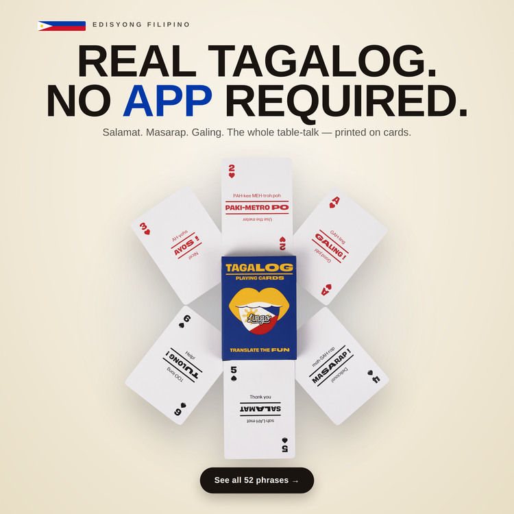 Tagalog Lingo Playing Cards – cards fanned around the box, each showing a Tagalog phrase with its English translation