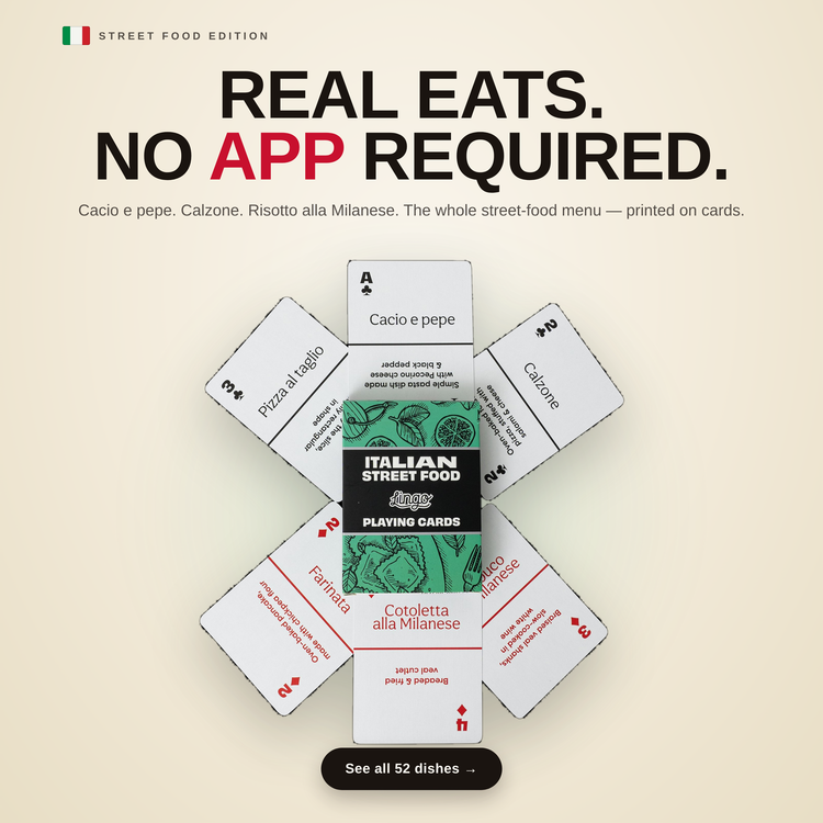 Italian Street Food – cards fanned around the box, each showing an Italian street food term