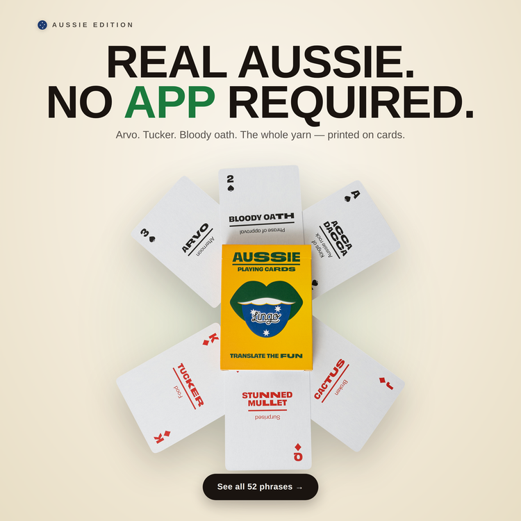 Aussie Travel Tin – cards fanned around the box, each showing an Aussie slang phrase