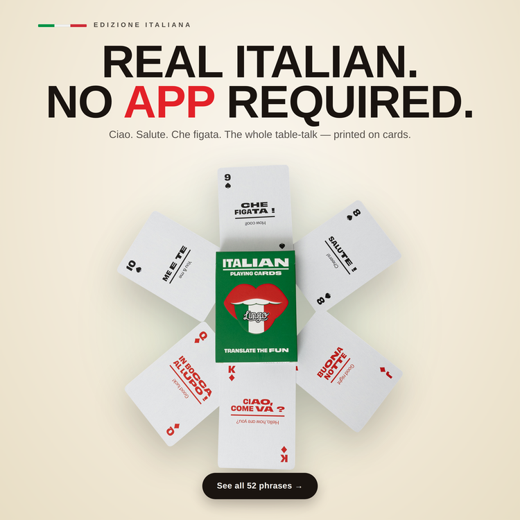 Italian Travel Tin – cards fanned around the box, each showing an Italian phrase with its English translation