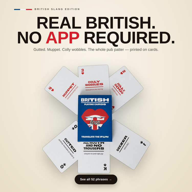 British Lingo Playing Cards – cards fanned around the box, each showing a British slang phrase
