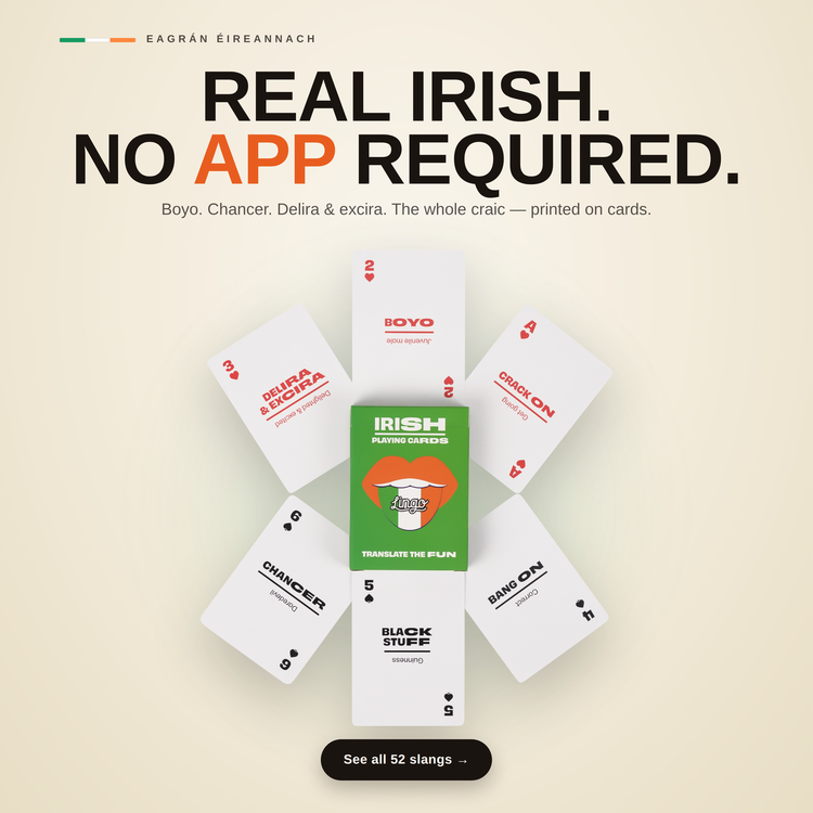 Irish Travel Tin – cards fanned around the box, each showing an Irish slang phrase