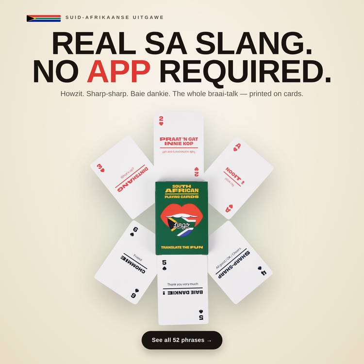 South African Lingo Playing Cards – cards fanned around the box, each showing a South African slang phrase