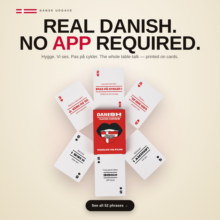 Danish Lingo Playing Cards – cards fanned around the box, each showing a Danish phrase with its English translation