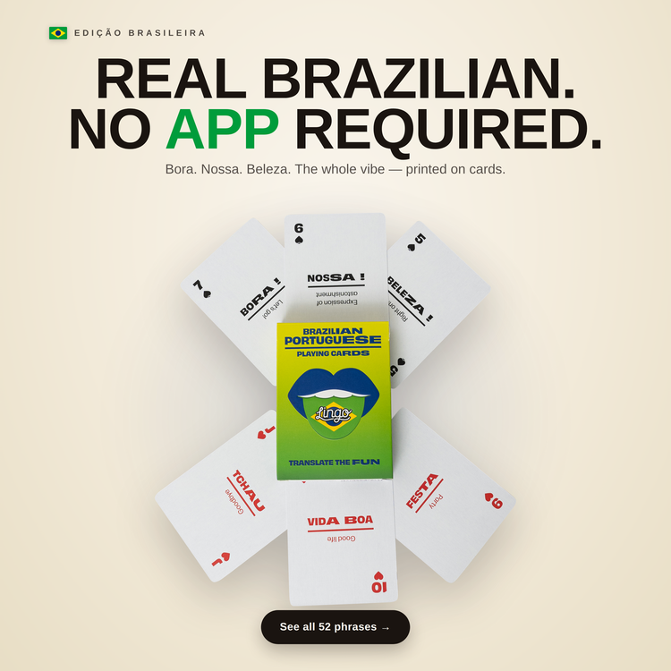 Brazilian Travel Tin – cards fanned around the box, each showing a Brazilian phrase with its English translation