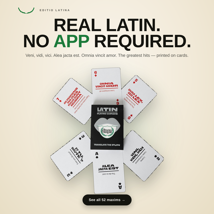 Latin Lingo Playing Cards – cards fanned around the box, each showing a Latin phrase with its English translation